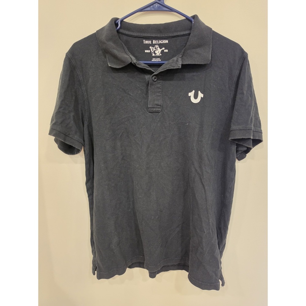 True Religion Black Polo Shirt Large Logo Graphic Short Sleeve Cotton Men's L